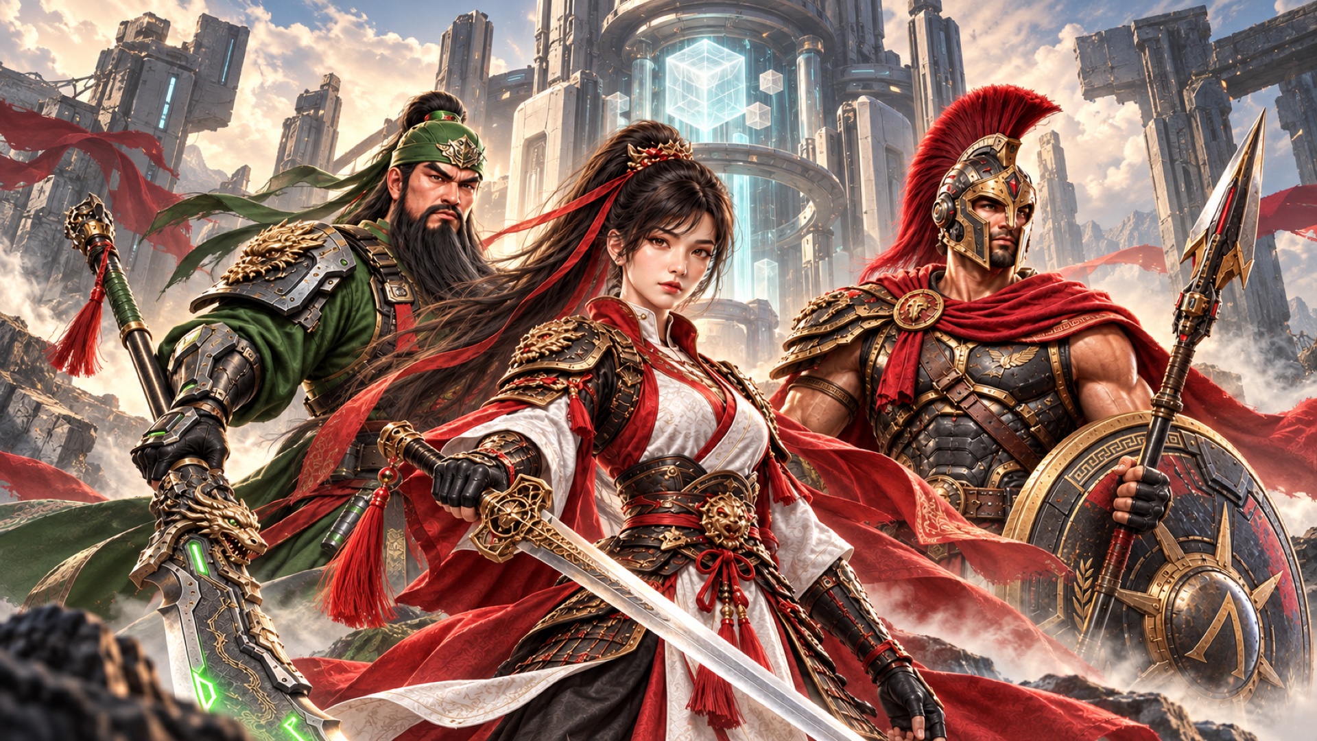 Hua Mulan, Guan Yu and Leonidas at a futuristic relic archive